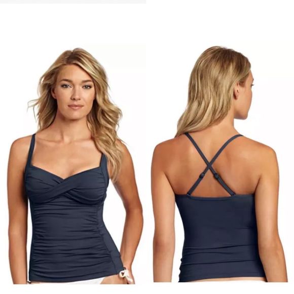 Seafolly Australia Goddess Twist Bandeaux Ruched  Tankini Bathing Suit Top Black - Picture 3 of 15